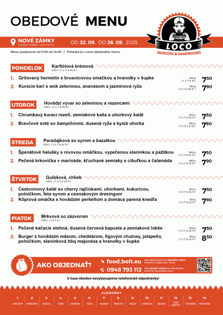 Obedové menu Loco Burgers & Sandwiches od 22.9. do 26.9.2025