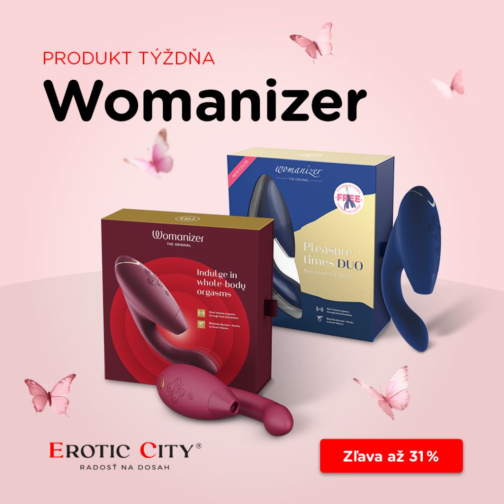 Grafika s produktom týždňa Womanizer od Erotic City. Zobrazuje dva modely Womanizer v červenom a modrom prevedení s ich originálnym balením. Pozadie je ružové s motýľmi, v dolnej časti sa nachádza logo Erotic City – Radosť na dosah a červené tlačidlo so zľavou až 31 %.