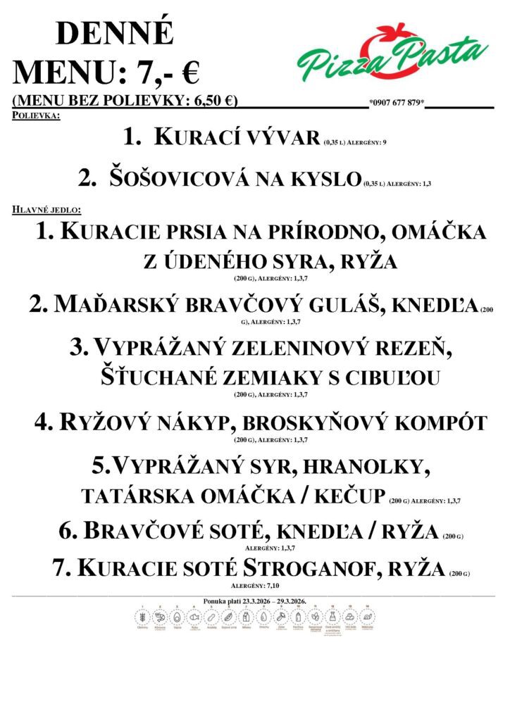 Denné menu - Pizza & Pasta - Aquario Nové Zámky