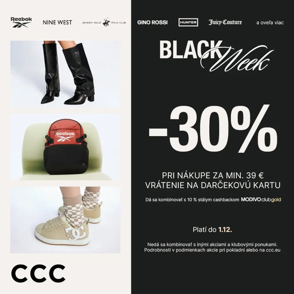 Reklamná grafika CCC s čiernym panelom Black Week a zľavou –30 %. Naľavo sú zobrazené vysoké čierne čižmy, ruksak Reebok a béžové tenisky DC. Text uvádza: pri nákupe za min. 39 € vrátenie na darčekovú kartu, kombinovateľné s 10 % cashbackom, platí do 1.12.