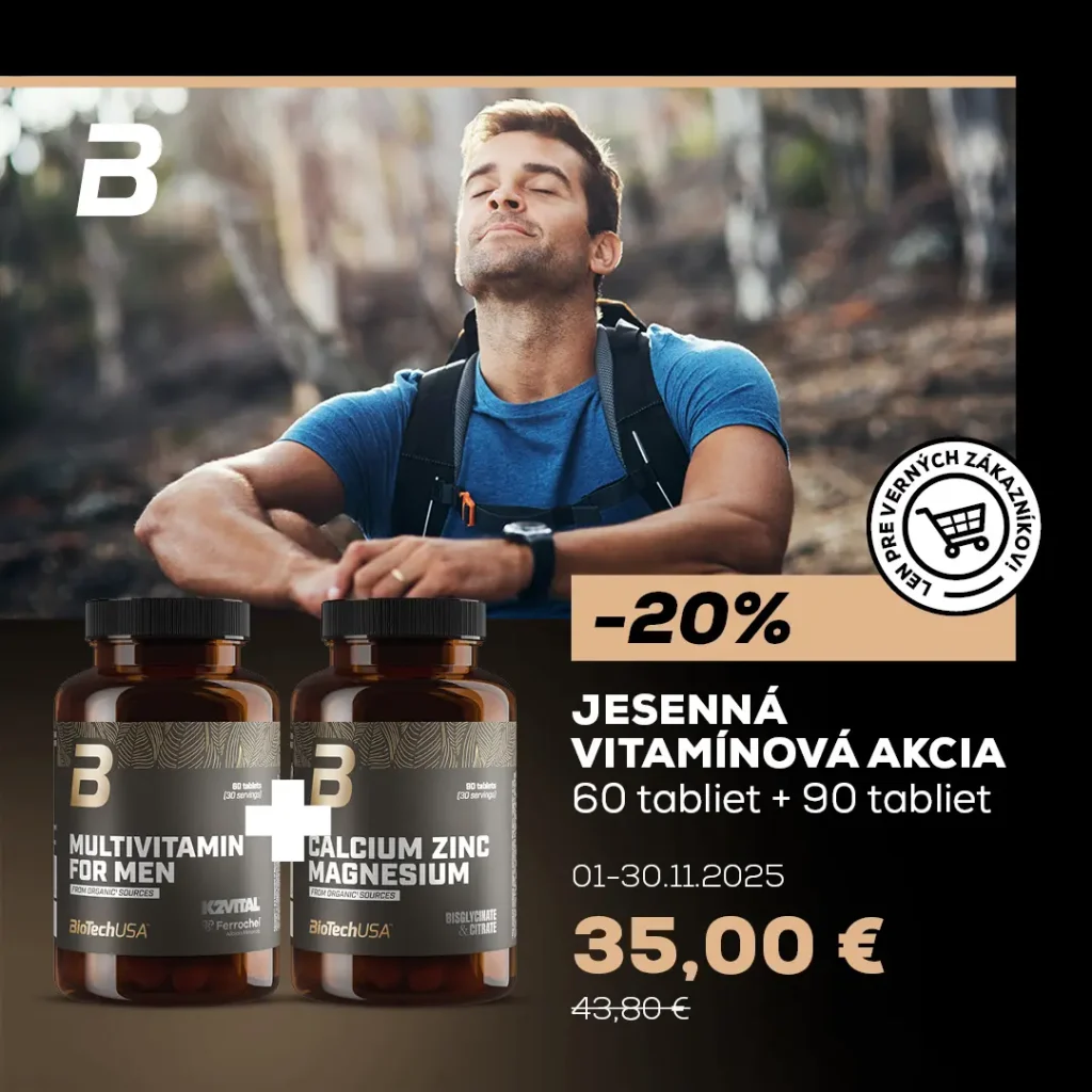 Muž v športovom oblečení relaxuje v prírode, pod ním sú zobrazené výživové doplnky BioTechUSA – Multivitamin for Men a Calcium Zinc Magnesium so zľavou 20 % v jesennej akcii.