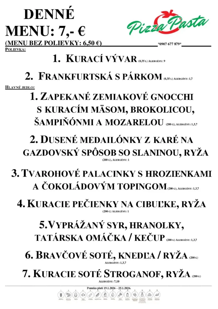 Denné menu - Pizza & Pasta - Aquario Nové Zámky