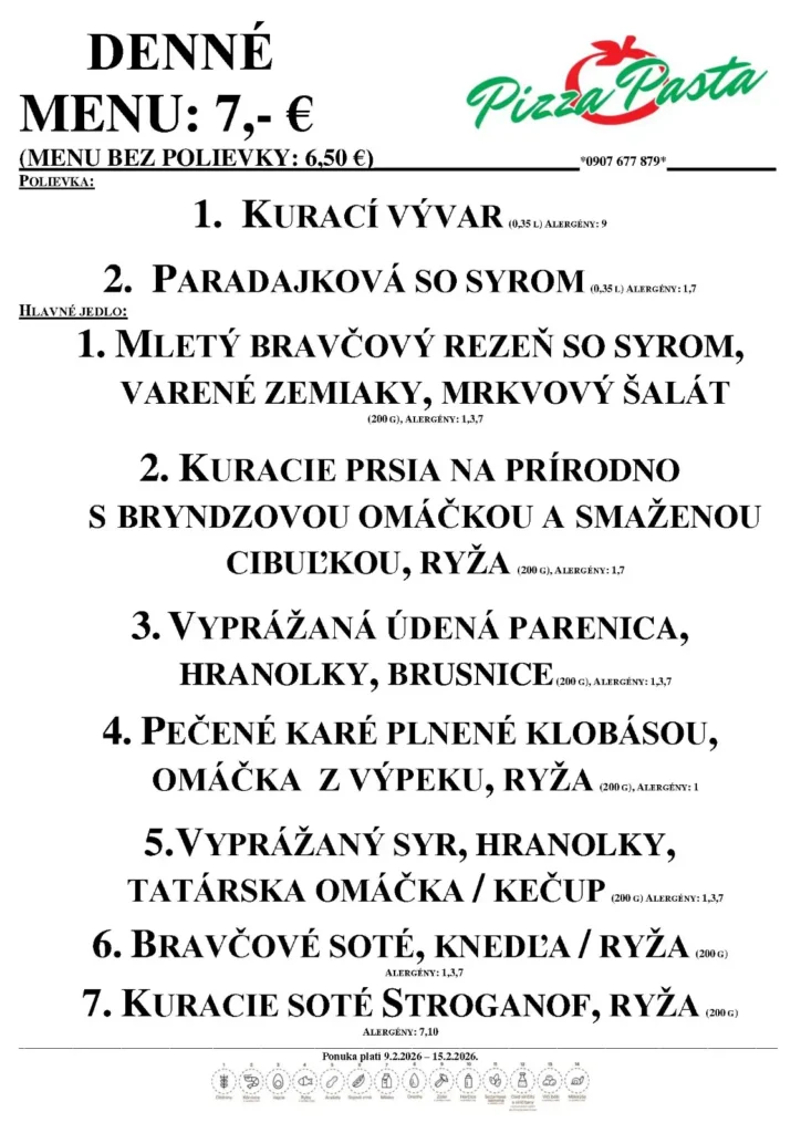 Denné menu - Pizza & Pasta - Aquario Nové Zámky