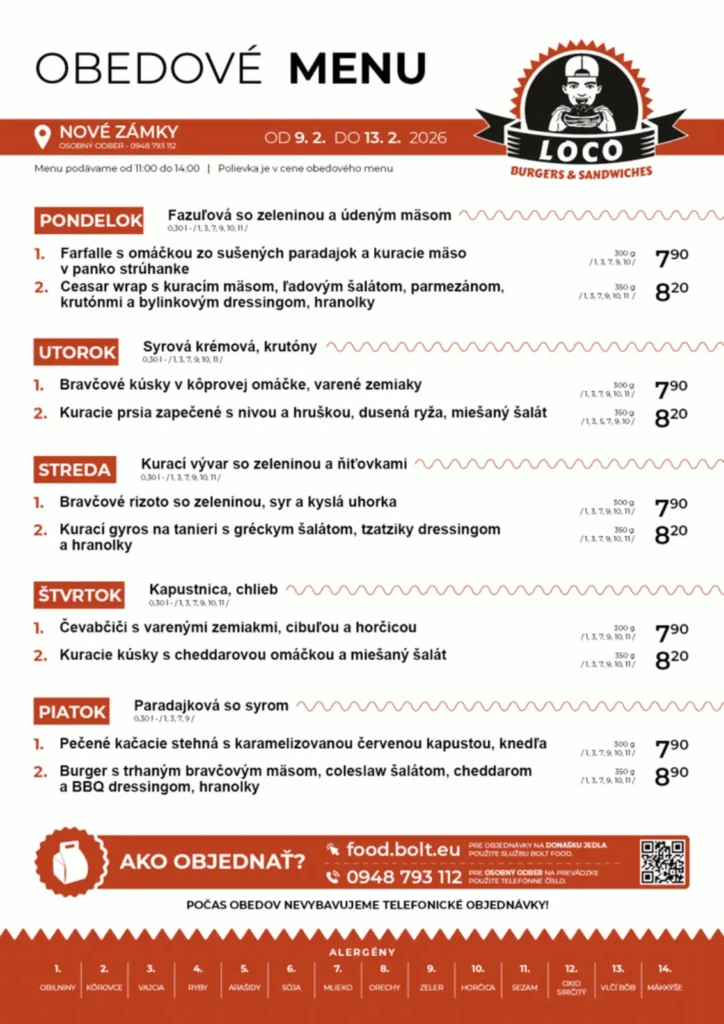 Obedové menu - Loco Burgers & Sandwiches - Aquario Nové Zámky