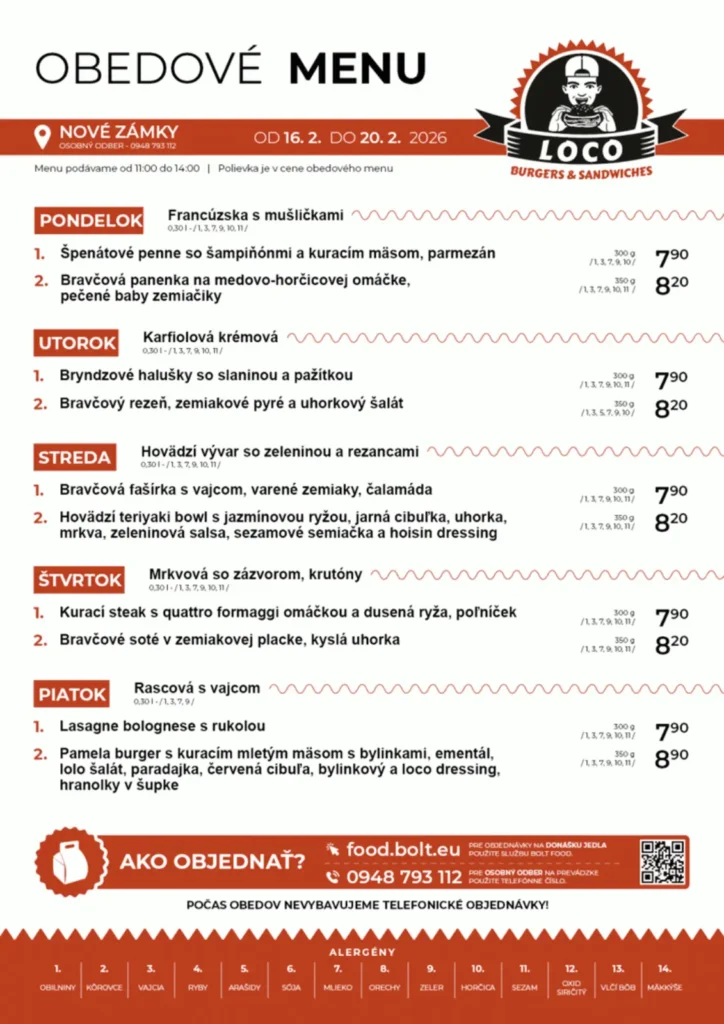 Obedové menu - Loco Burgers & Sandwiches - Aquario Nové Zámky