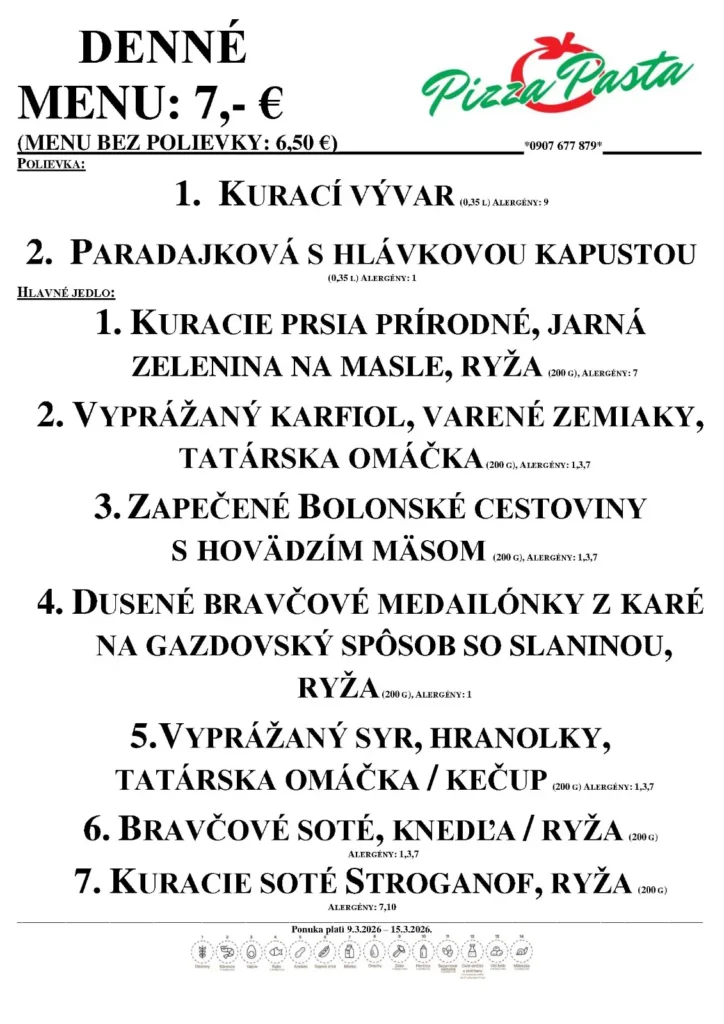 Denné menu - Pizza & Pasta - Aquario Nové Zámky