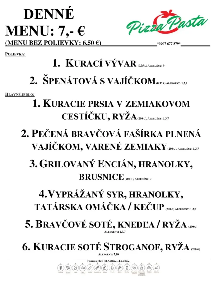 Denné menu - Pizza & Pasta - Aquario Nové Zámky