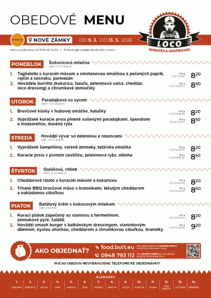 Obedové menu - Loco Burgers & Sandwiches - Aquario Nové Zámky