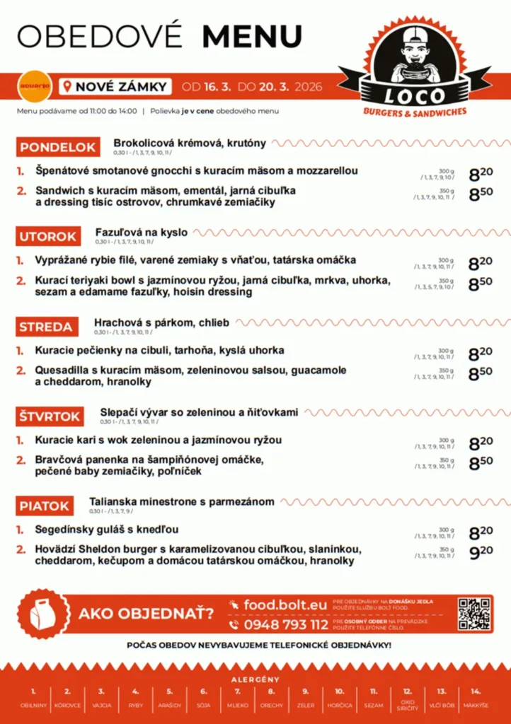 Obedové menu - Loco Burgers & Sandwiches - Aquario Nové Zámky