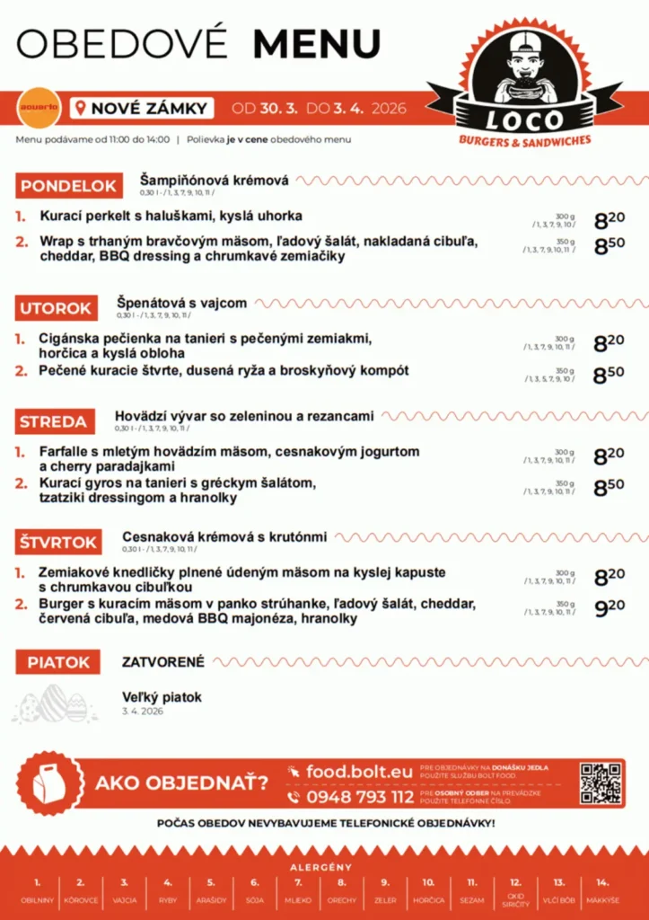 Obedové menu - Loco Burgers & Sandwiches - Aquario Nové Zámky