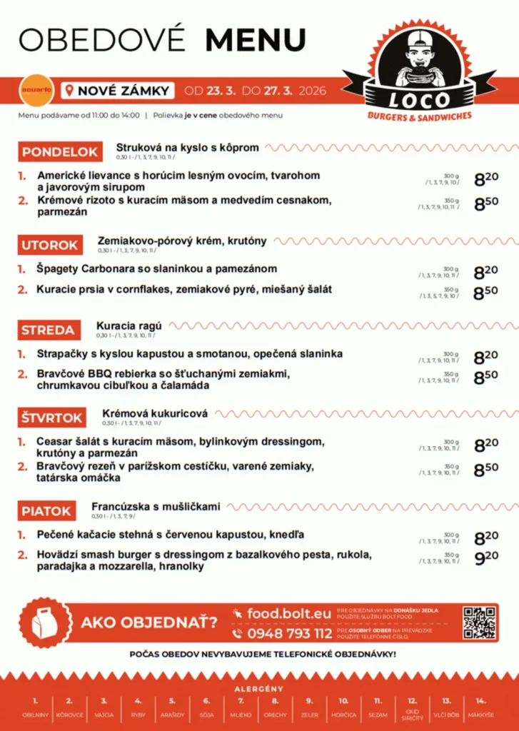 Obedové menu - Loco Burgers & Sandwiches - Aquario Nové Zámky