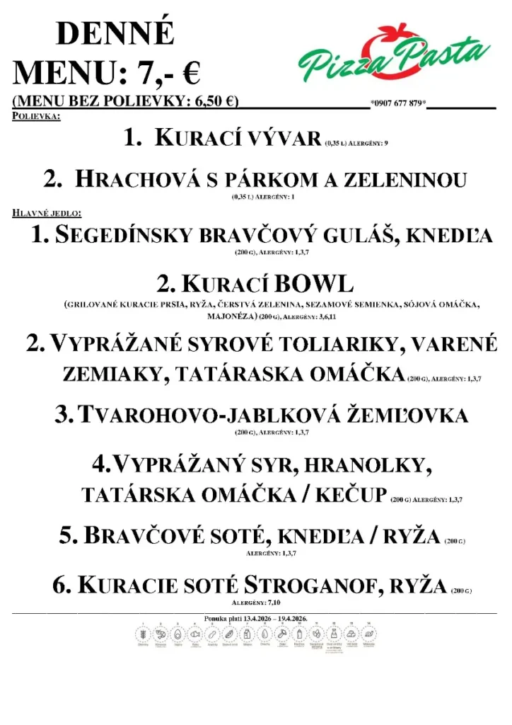 Denné menu - Pizza & Pasta - Aquario Nové Zámky