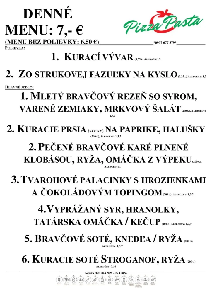 Denné menu - Pizza & Pasta - Aquario Nové Zámky