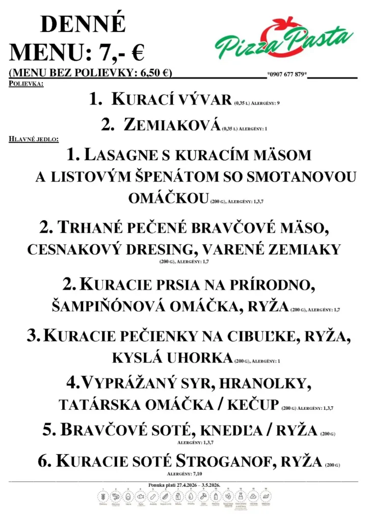 Denné menu - Pizza & Pasta - Aquario Nové Zámky
