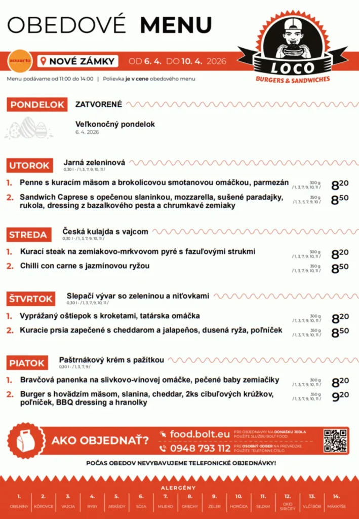Obedové menu - Loco Burgers & Sandwiches - Aquario Nové Zámky