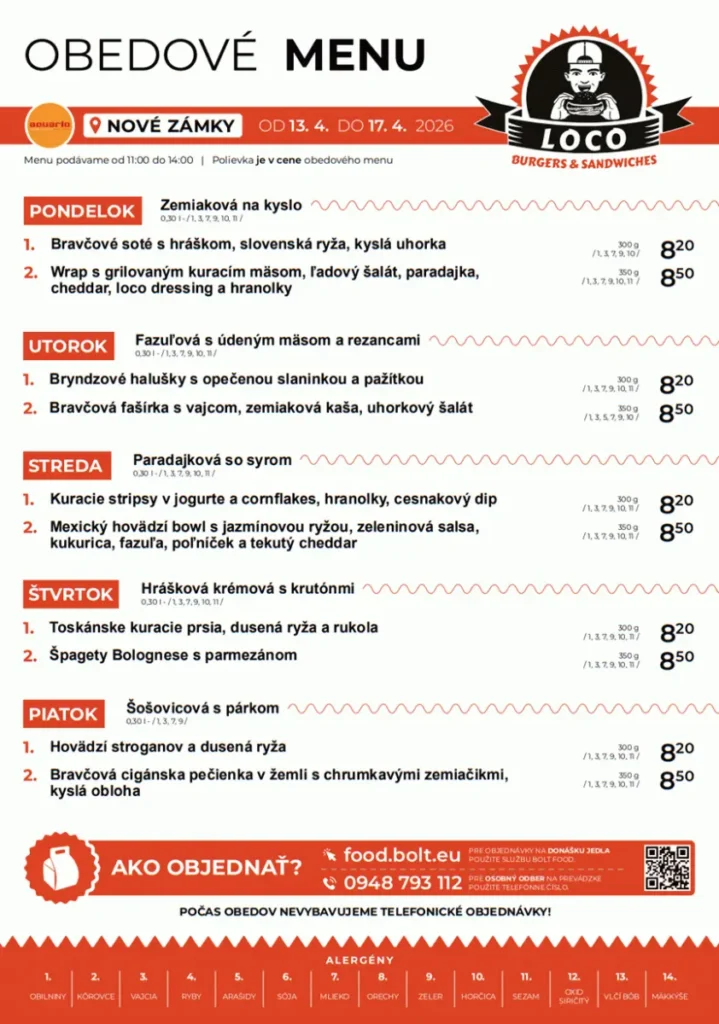 Obedové menu - Loco Burgers & Sandwiches - Aquario Nové Zámky