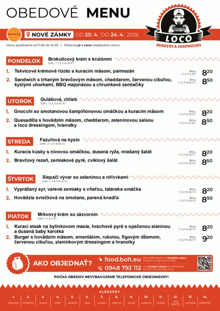 Obedové menu - Loco Burgers & Sandwiches - Aquario Nové Zámky
