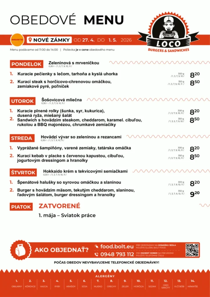 Obedové menu - Loco Burgers & Sandwiches - Aquario Nové Zámky