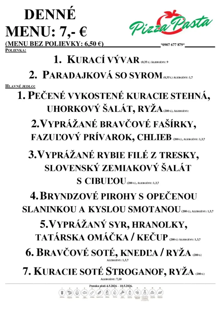 Denné menu - Pizza & Pasta - Aquario Nové Zámky