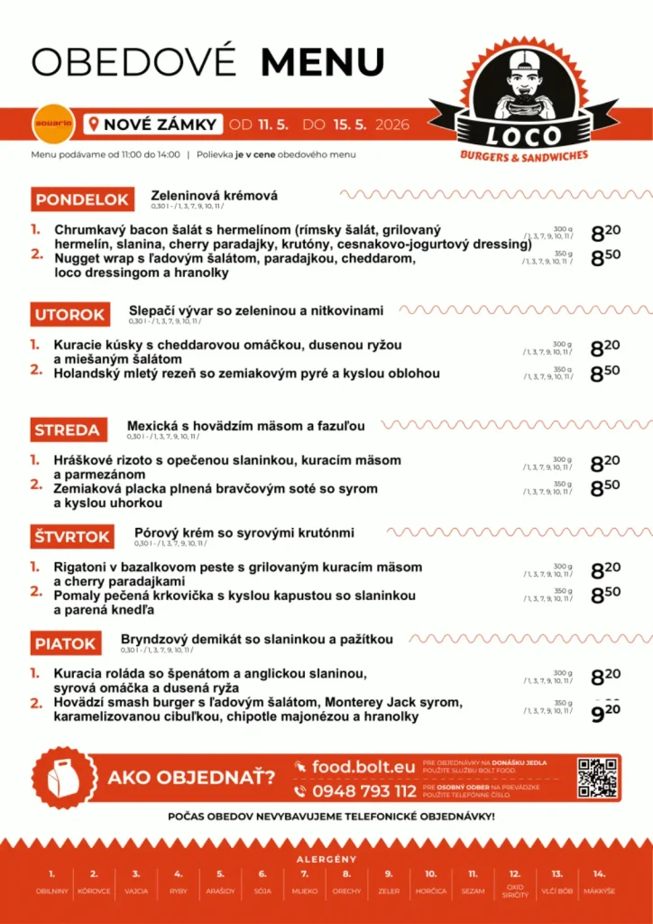 Obedové menu - Loco Burgers & Sandwiches - Aquario Nové Zámky