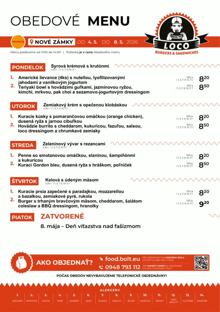 Obedové menu - Loco Burgers & Sandwiches - Aquario Nové Zámky