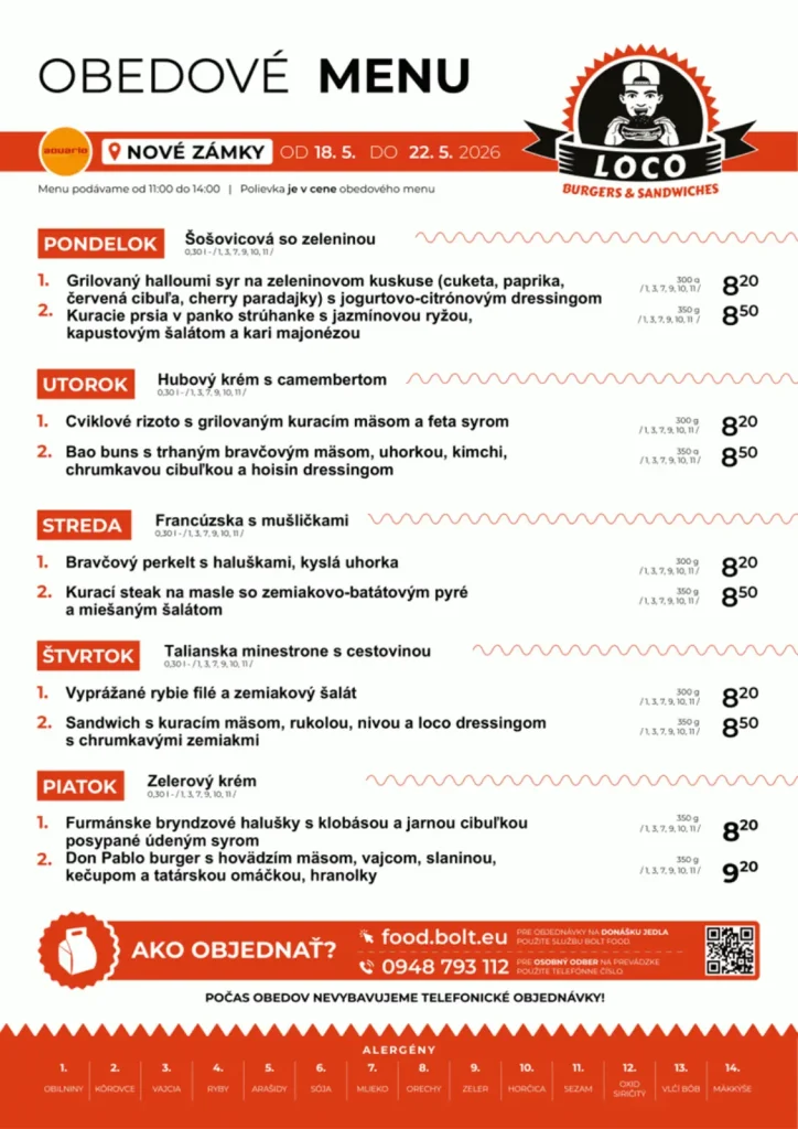 Obedové menu - Loco Burgers & Sandwiches - Aquario Nové Zámky