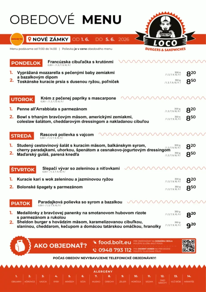 Obedové menu - Loco Burgers & Sandwiches - Aquario Nové Zámky