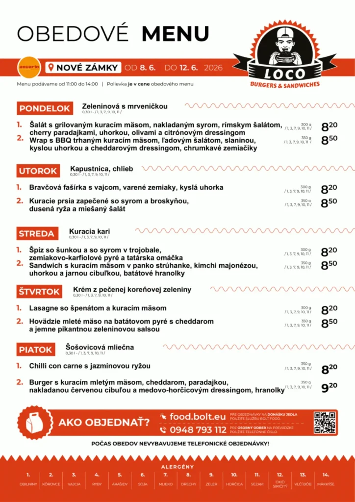 Obedové menu - Loco Burgers & Sandwiches - Aquario Nové Zámky