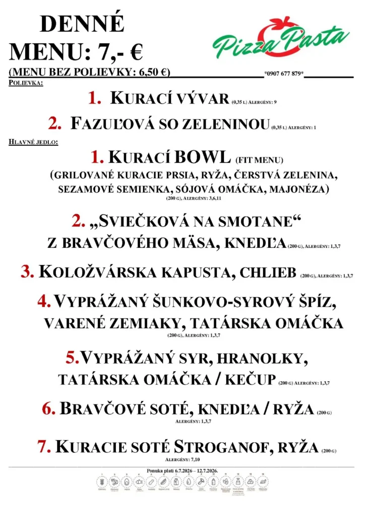 Denné menu - Pizza & Pasta - Aquario Nové Zámky