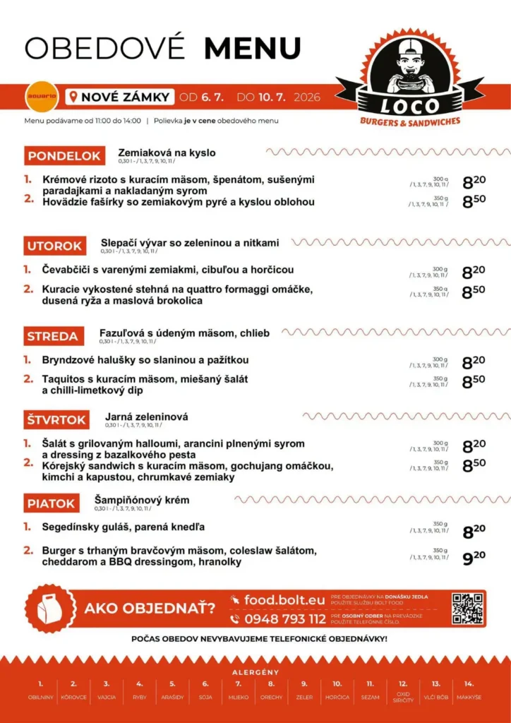 Obedové menu - Loco Burgers & Sandwiches - Aquario Nové Zámky