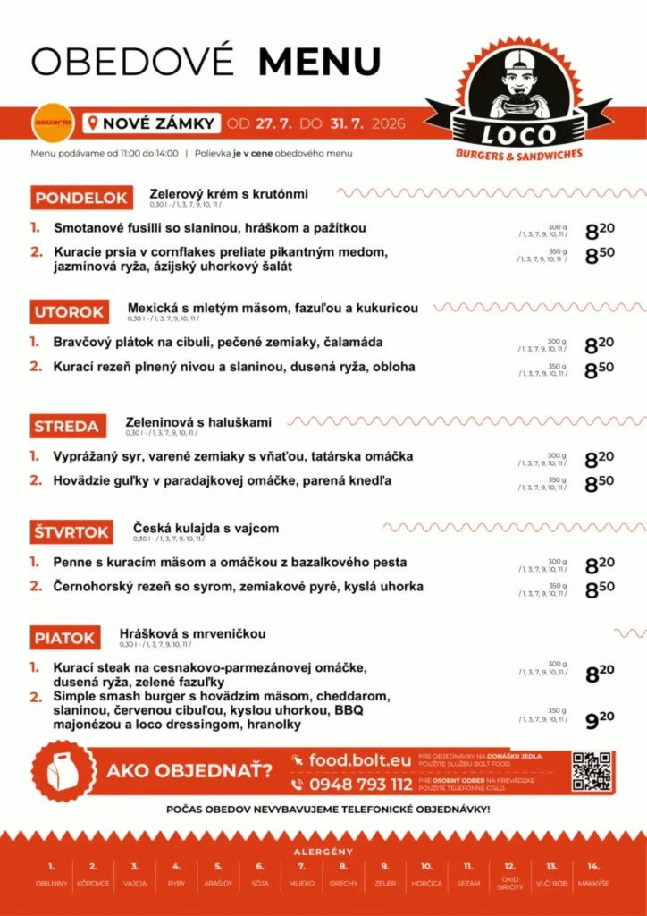 Obedové menu - Loco Burgers & Sandwiches - Aquario Nové Zámky