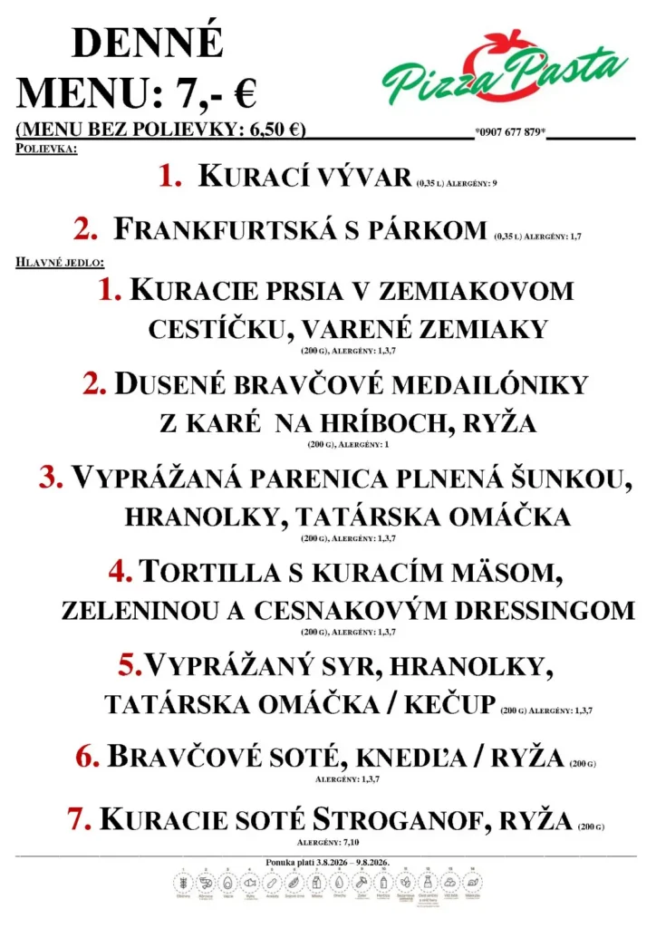 Denné menu - Pizza & Pasta - Aquario Nové Zámky