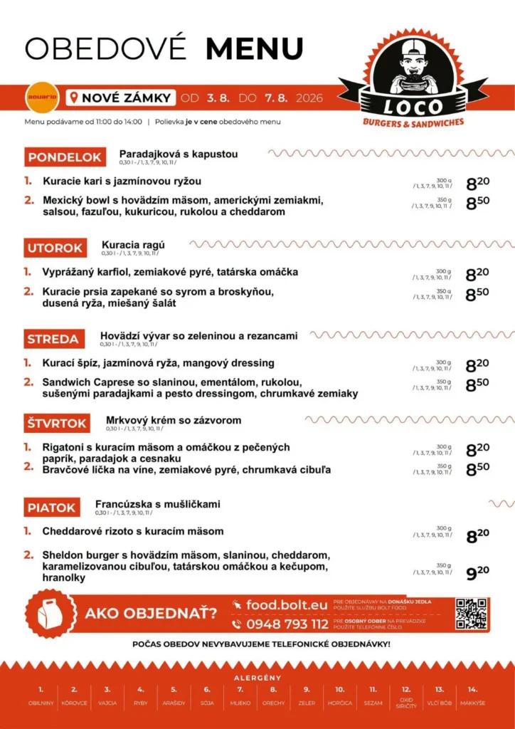Obedové menu - Loco Burgers & Sandwiches - Aquario Nové Zámky