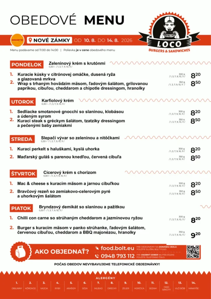 Obedové menu - Loco Burgers & Sandwiches - Aquario Nové Zámky